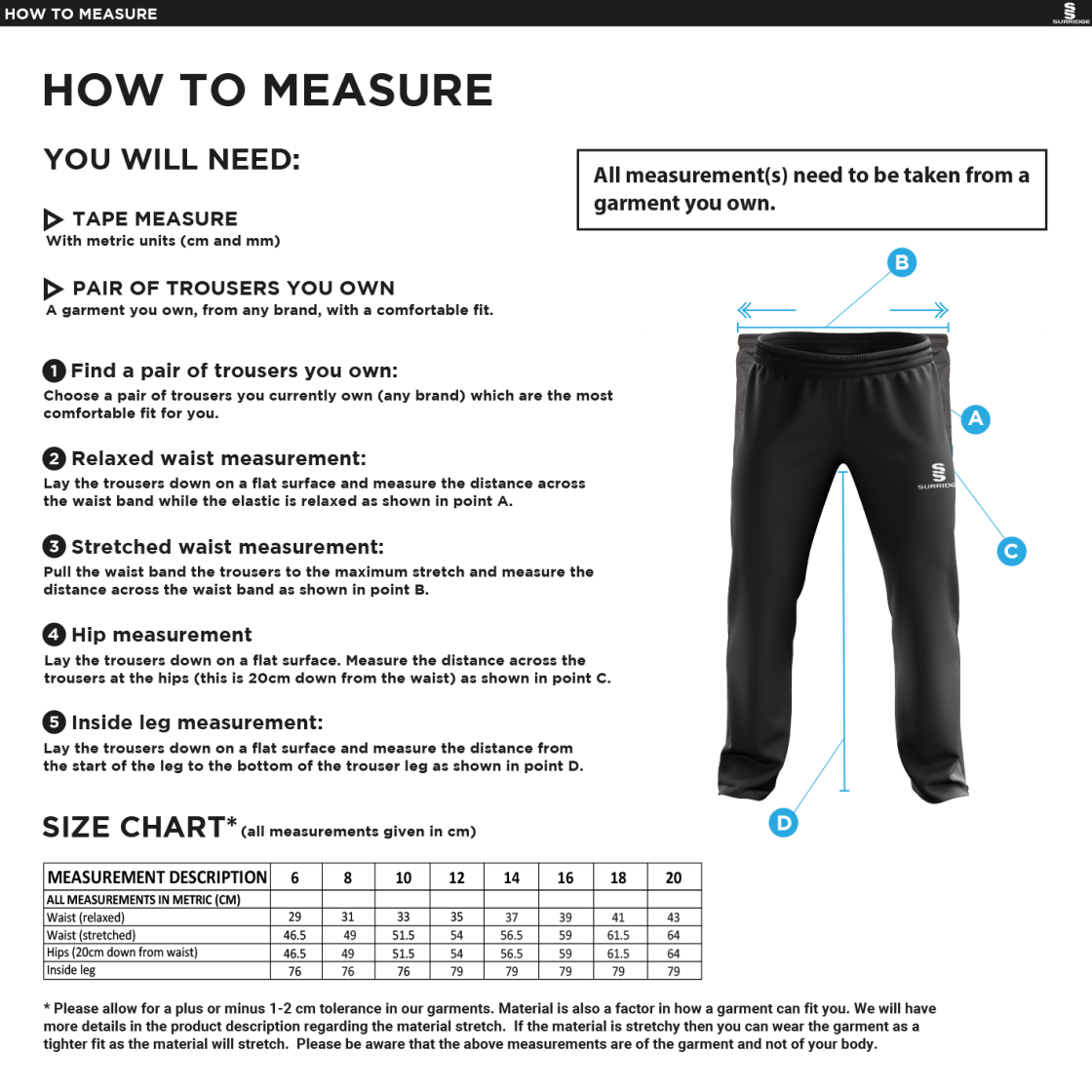 Risley CC - Women's Ripstop Track Pant - Size Guide