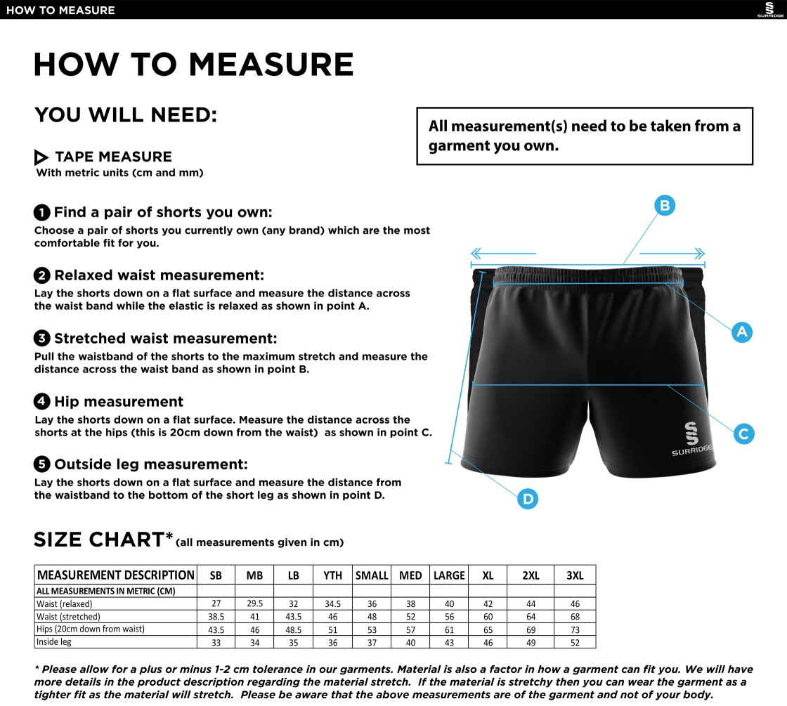 Risley CC - Performance Gym Short - Size Guide