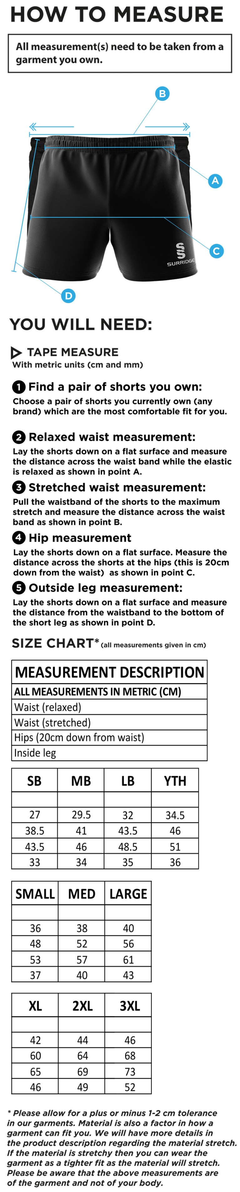 Risley CC - Performance Gym Short - Size Guide