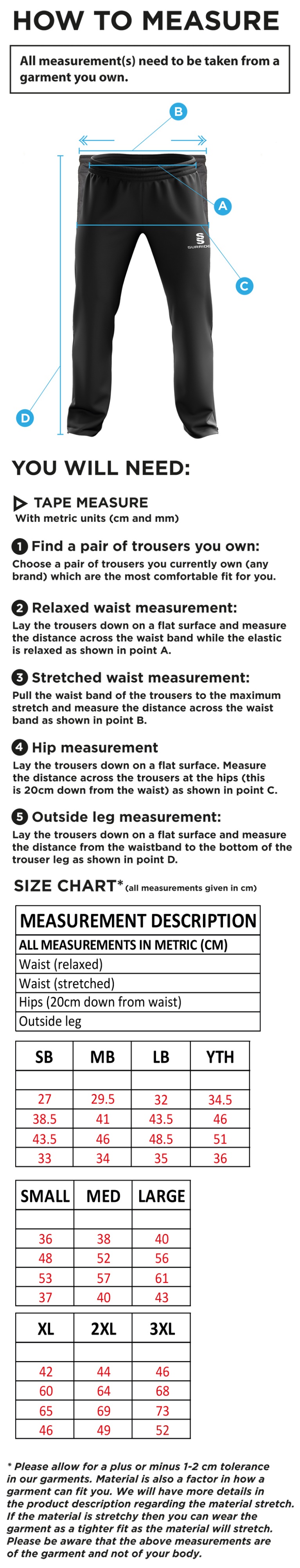 Risley CC - Ripstop Track Pant - Size Guide