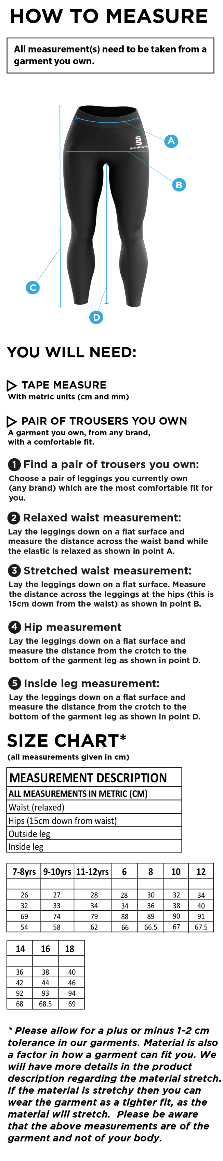 Risley CC - Performance Full Length Leggings - Size Guide