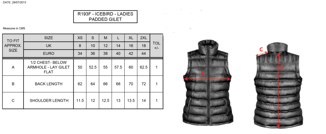 Risley CC - Female Padded Gilet - Size Guide