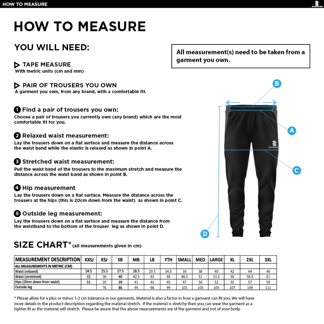 Risley CC - Tek Slim Training Pants - Size Guide