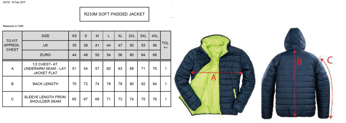 Risley CC - Supersoft Padded Jacket - Size Guide