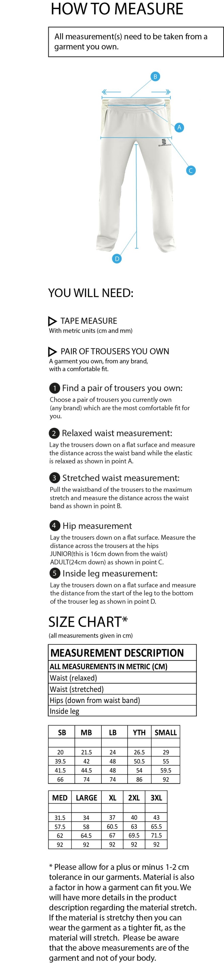 Risley CC - Standard Playing Pant - Size Guide