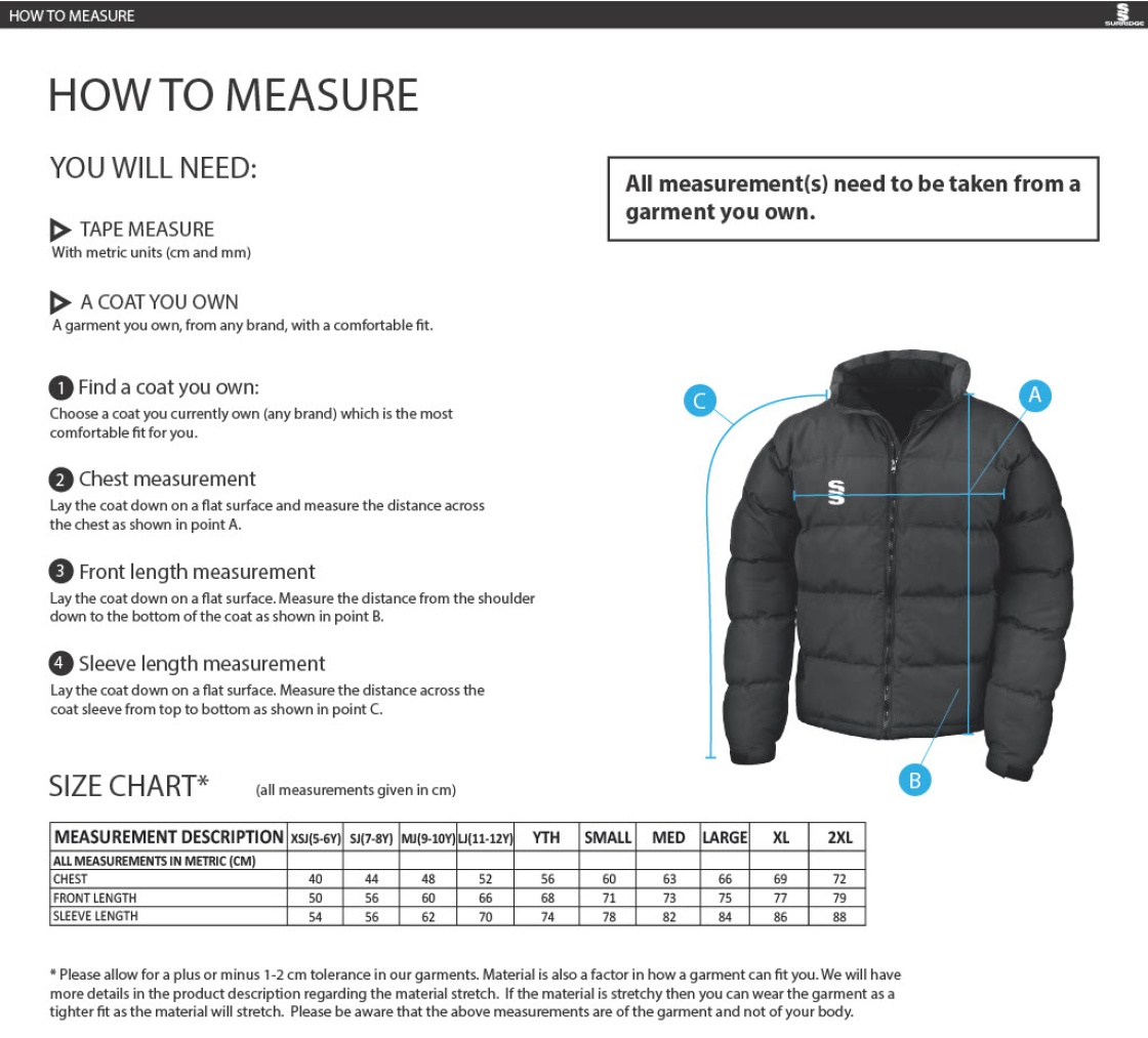 Risley CC - Holkham Down Feel Jacket - Size Guide