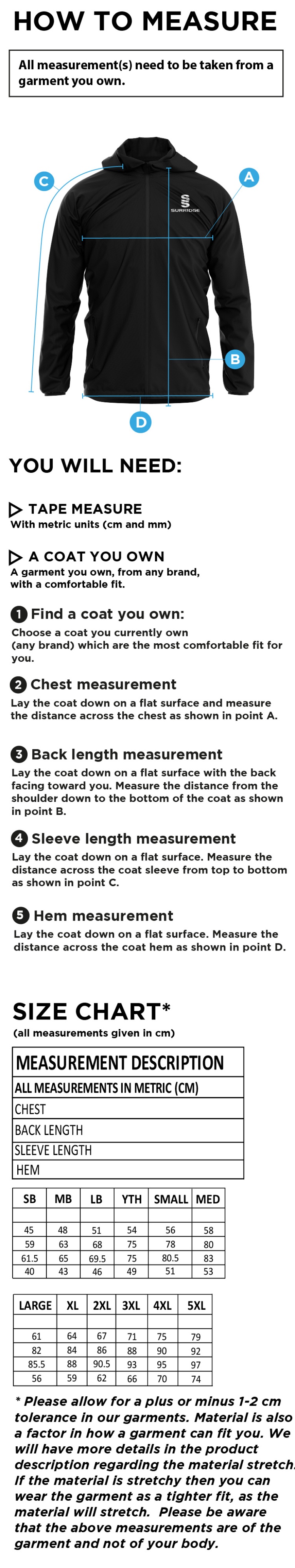 Risley CC - Dual Full Zip Training Jacket - Size Guide