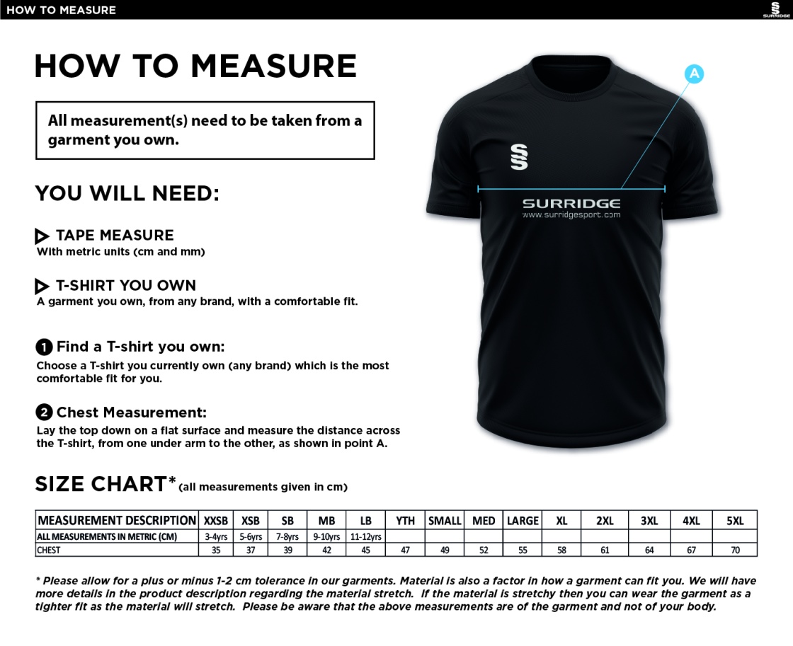 Risley CC - Dual Solid Colour Polo - Size Guide