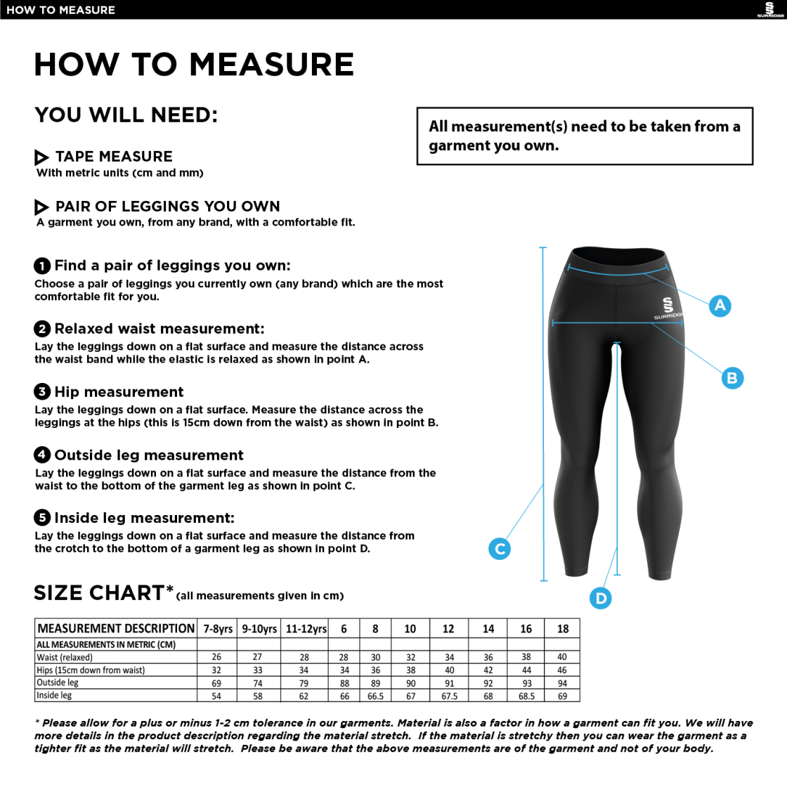 Risley CC - Performance Full Length Leggings - Size Guide