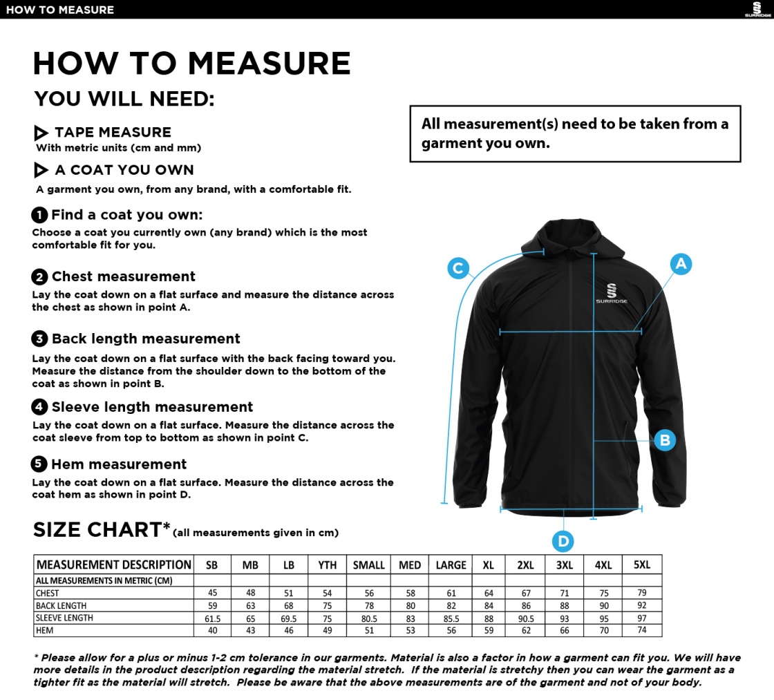 Risley CC - Dual Full Zip Training Jacket - Size Guide