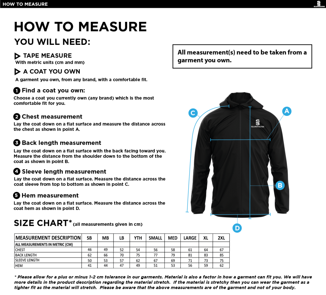 Risley CC - Dual Full Zip Training Jacket - Size Guide