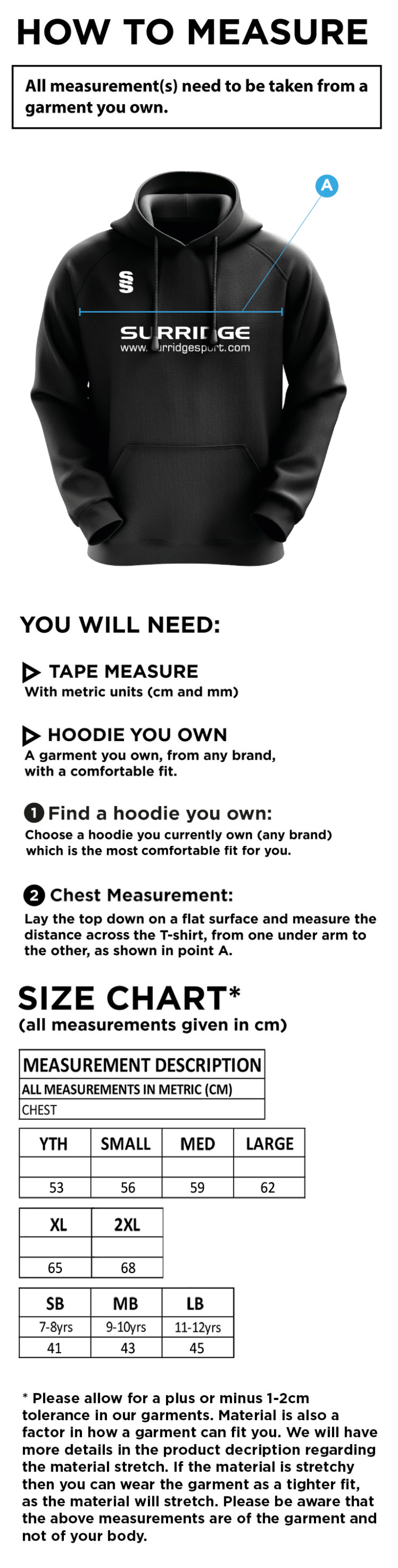 Risley CC - Blade Hoody - Size Guide