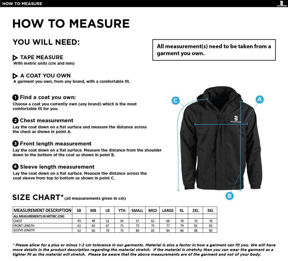 Risley CC - Fleece Line Jacket - Size Guide