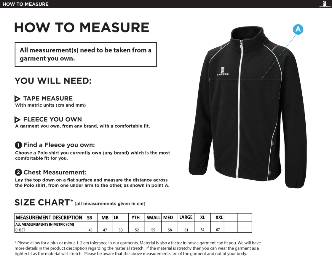Risley CC - Full Zip Curve Fleece Jacket - Size Guide