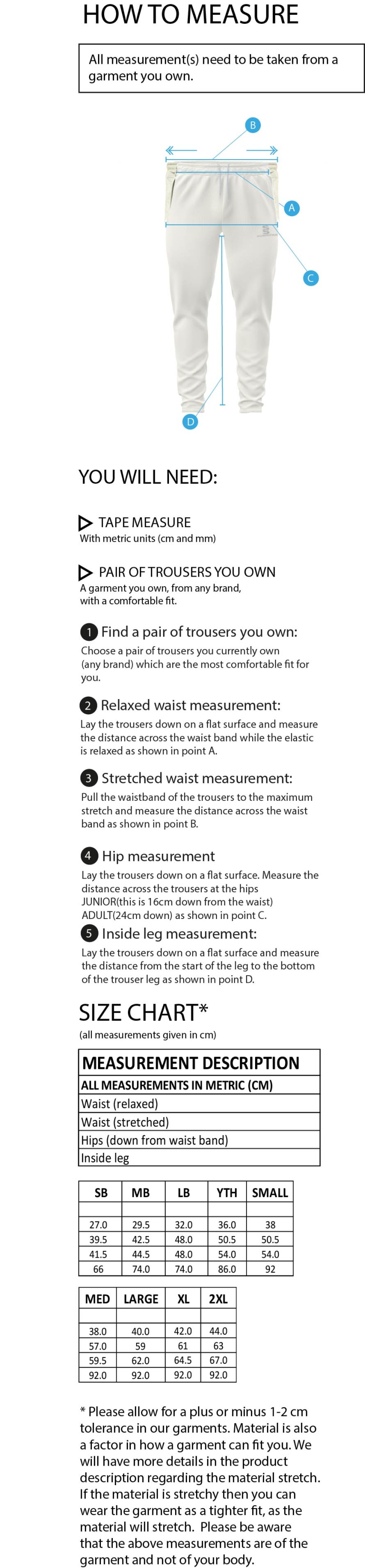 Risley CC - Tek Playing Pant - Size Guide