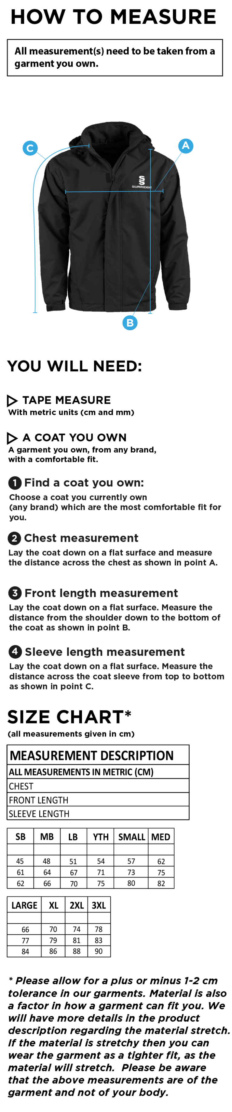 Risley CC - Fleece Line Jacket - Size Guide